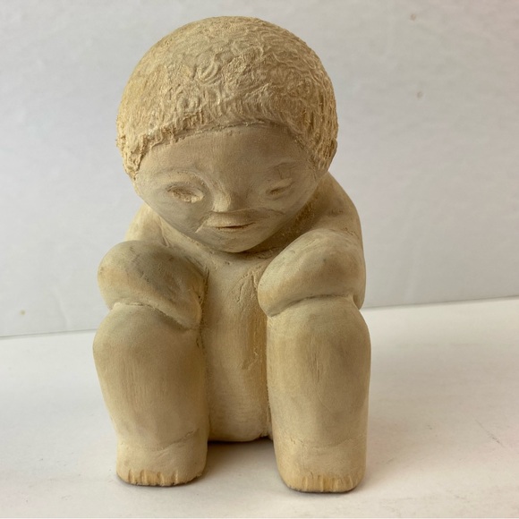 Antique Wooden Handmade Wood Carving of Eskimo Painted White Native Alaskan Art